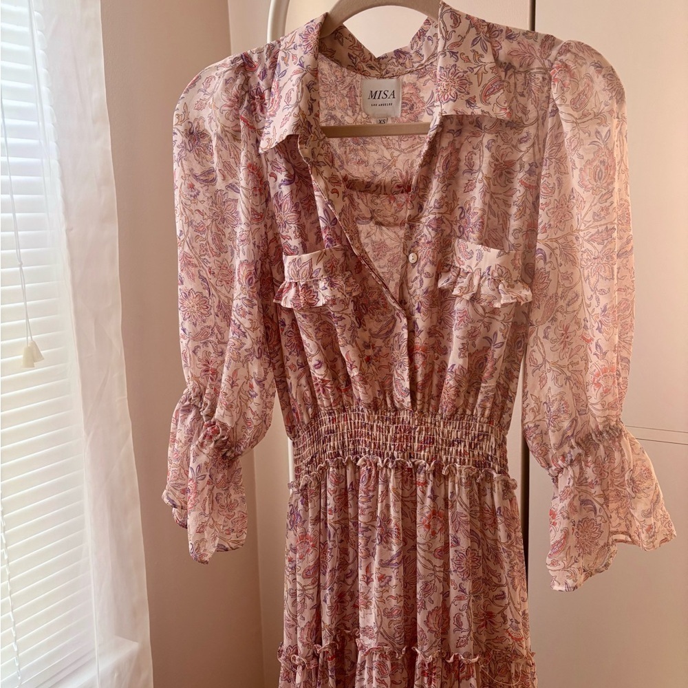 MISA Los Angeles Blush Pink Floral Maxi Dress XS Tiered Puff Sleeve Boho Prairie - Picture 5 of 7
